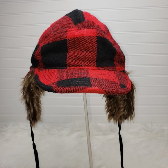 Free Authority Trapper Wool Blend Faux Fur Winter Cap Hat Red & Black Plaid EUC - Picture 1 of 8